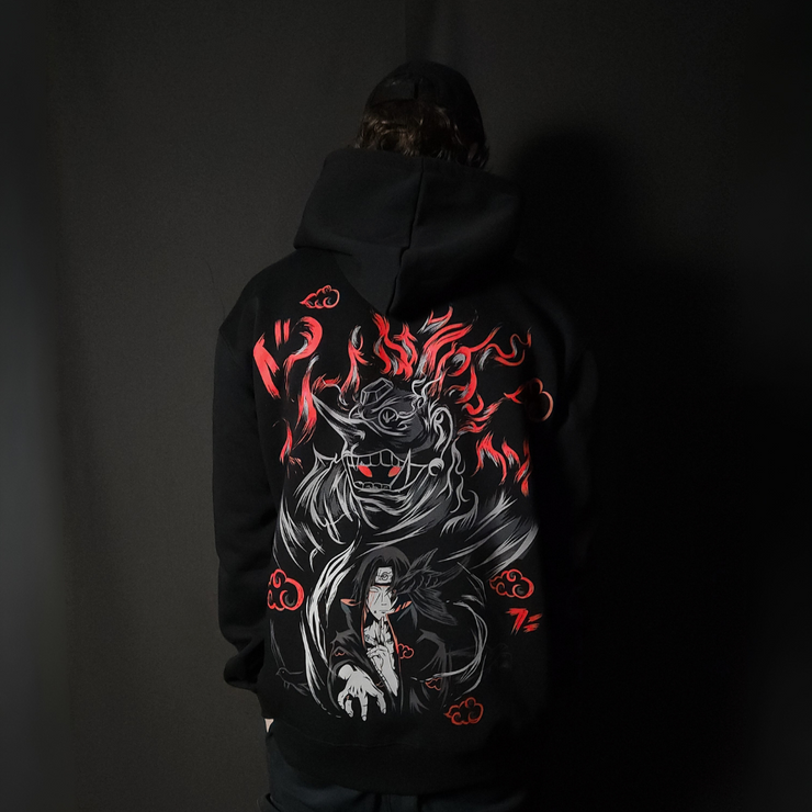 Anime-inspired apparel featuring bold back artwork, worn by a model in a dark studio setting – from a South African anime clothing brand.