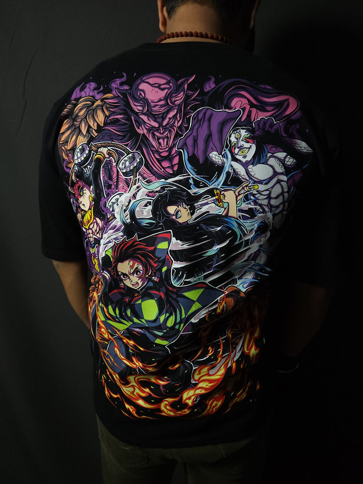 Anime-inspired apparel featuring bold back artwork, worn by a model in a dark studio setting – from a South African anime clothing brand.