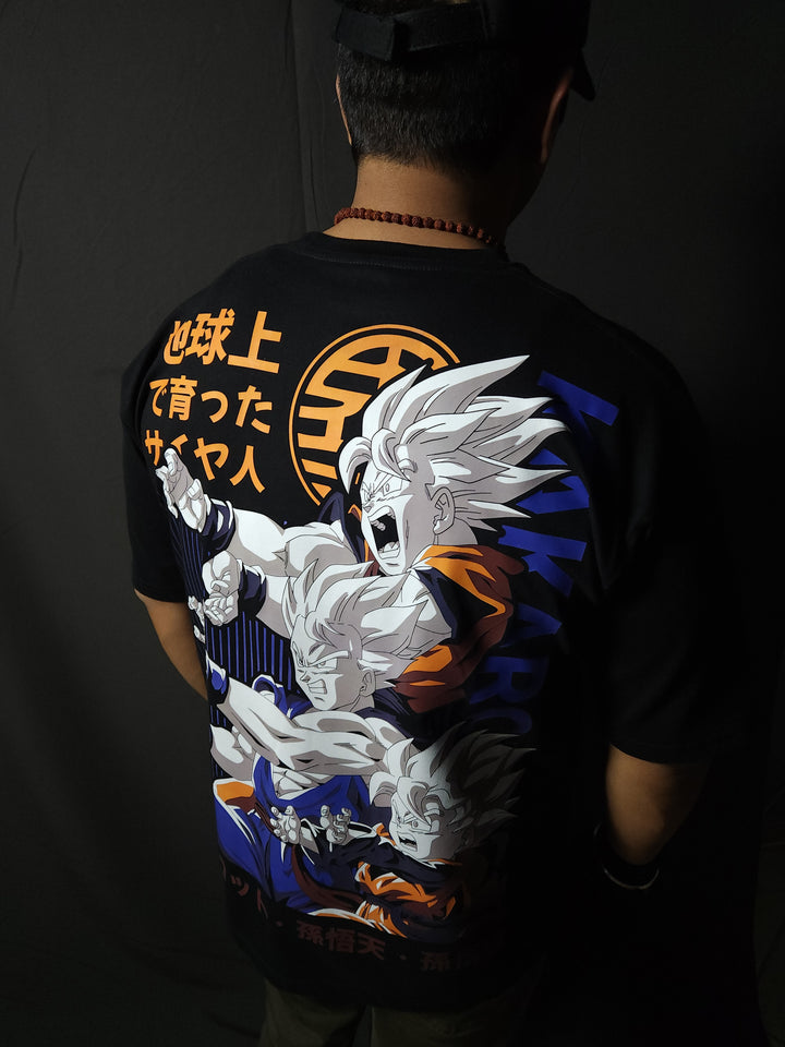 Anime-inspired apparel featuring bold back artwork, worn by a model in a dark studio setting – from a South African anime clothing brand.