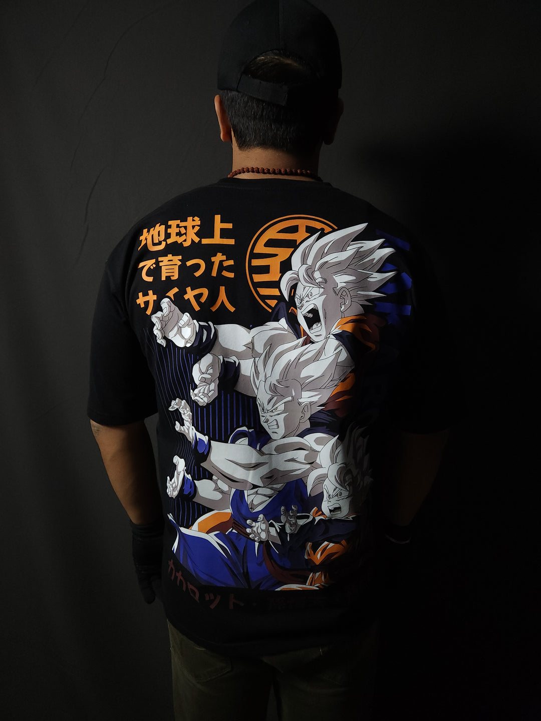 Anime-inspired apparel featuring bold back artwork, worn by a model in a dark studio setting – from a South African anime clothing brand.