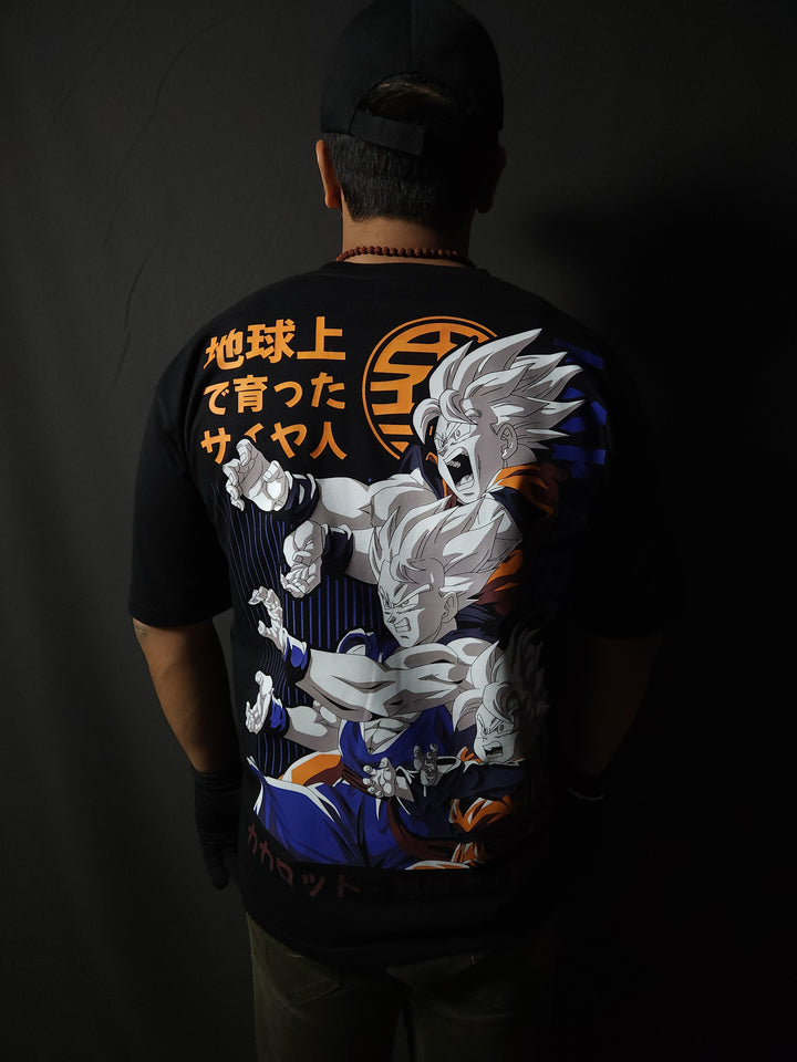 Anime-inspired apparel featuring bold back artwork, worn by a model in a dark studio setting – from a South African anime clothing brand.