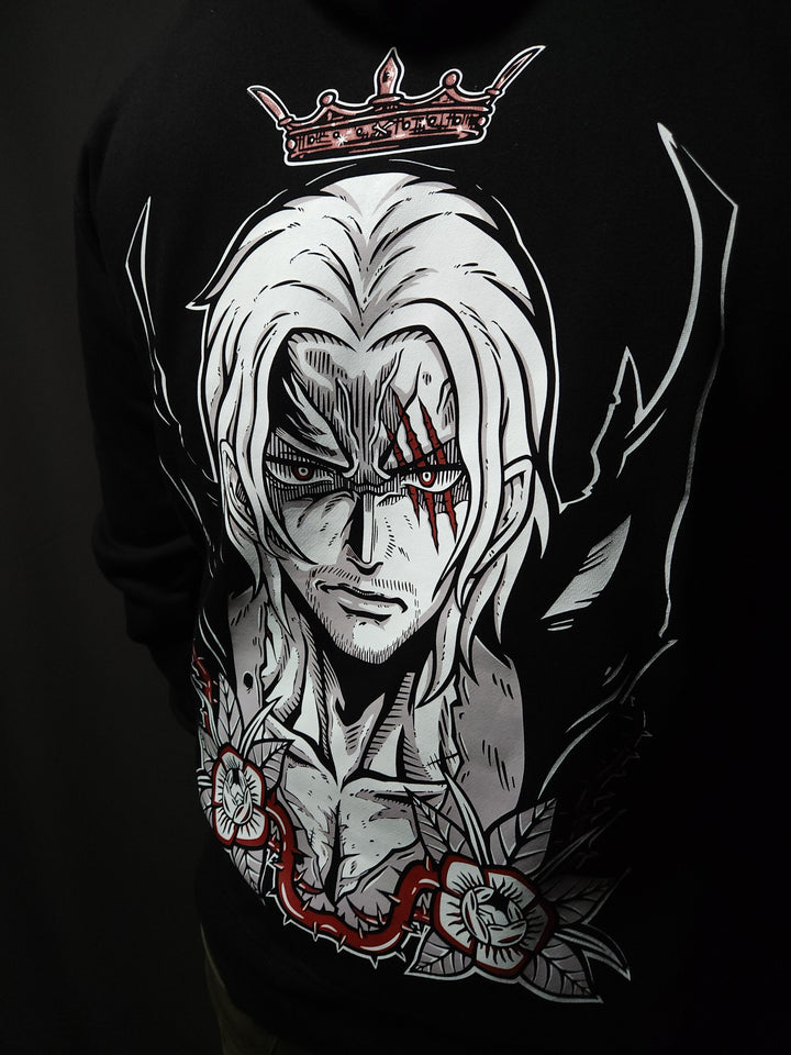 Anime-inspired apparel featuring bold back artwork, worn by a model in a dark studio setting – from a South African anime clothing brand.