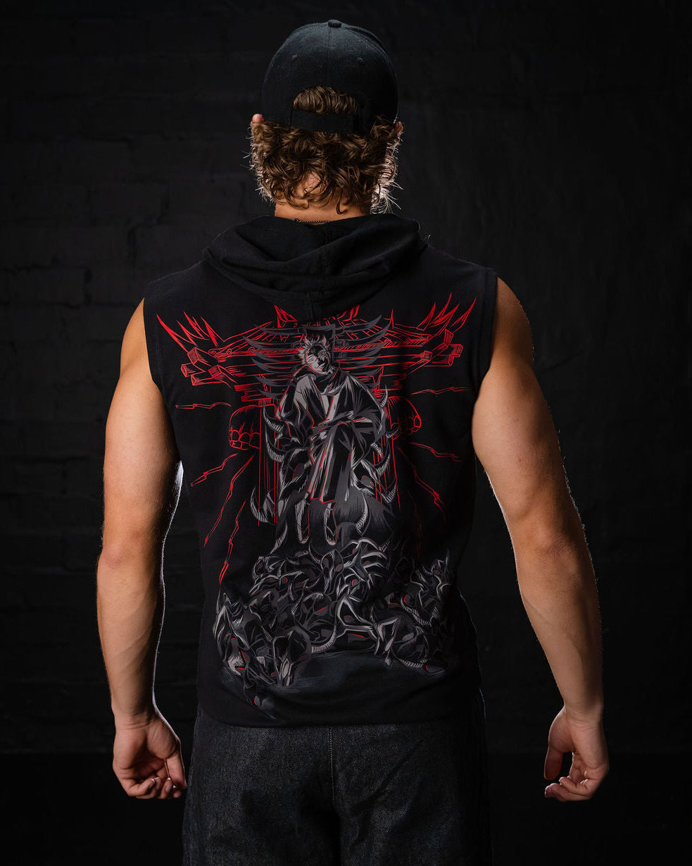 Cursed Shrine Sleeveless Hoodie in black, anime clothing by STEKU